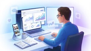 criador de conteúdo analisando resultados de vídeos nas redes sociais