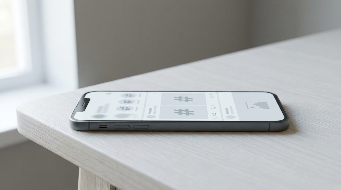 celular exibindo post com hashtags e baixo alcance